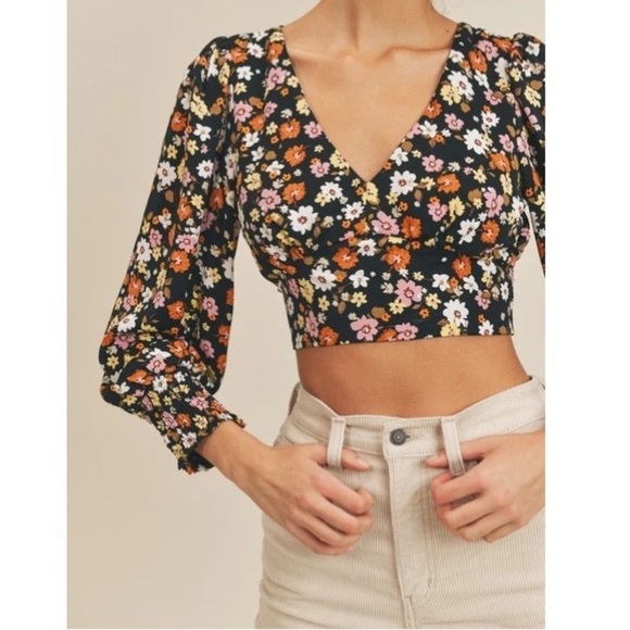 Lush Floral Long Puff Sleeve Crop Top - Picture 1 of 7